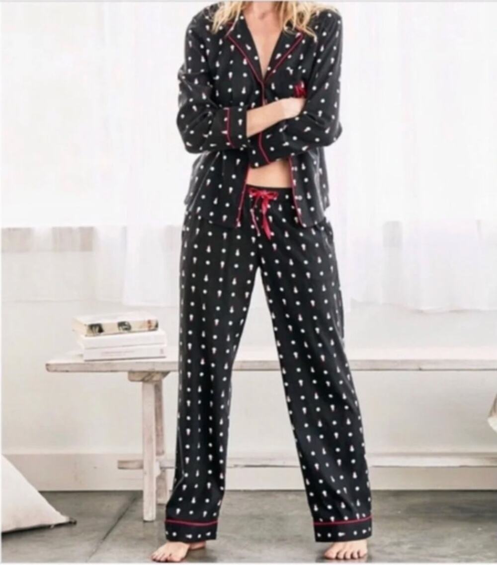 Victoria's Secret Snowman Pajama Set Small Black Cotton Modal Christmas PJs